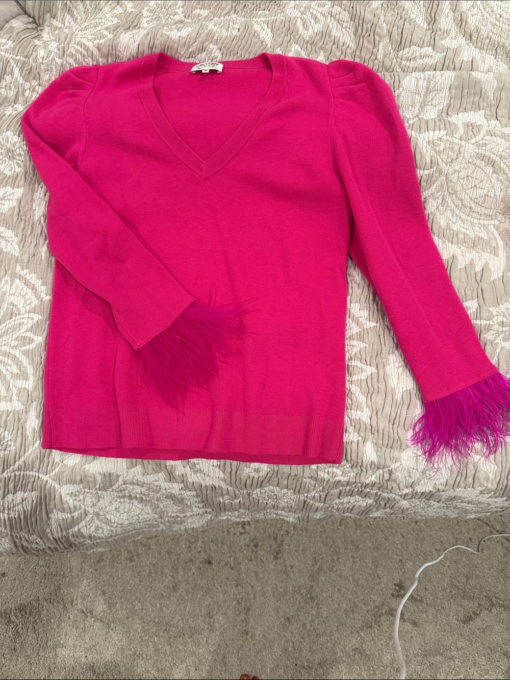 CROSBY by Mollie Burch Hot Pink Feather-Cuff V-Neck Sweater